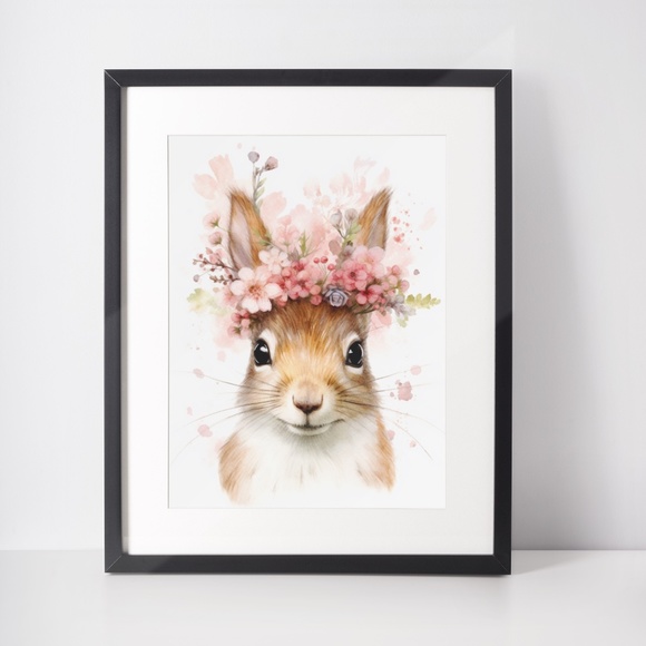 Watercolor Floral Squirrel Portrait Wall Art Illustration Print Poster Unframed - Picture 3 of 6